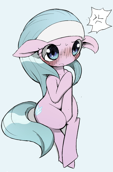 Size: 1054x1607 | Tagged: safe, artist:ccc, derpibooru import, aloe, earth pony, pony, blushing, covering, cute, embarrassed, female, mare, solo, tsundere, unamused