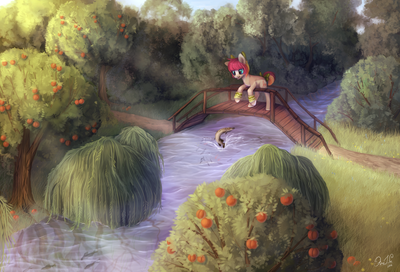 Size: 5000x3400 | Tagged: artist:andyfirelife, bridge, derpibooru import, fish, oc, river, safe, scenery, solo, stream, tree, unofficial characters only