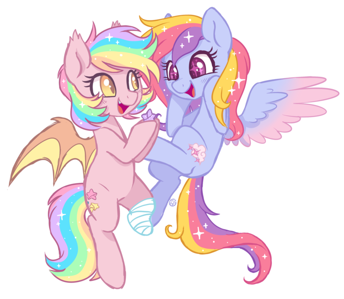 Size: 2650x2300 | Tagged: safe, artist:hawthornss, derpibooru import, oc, oc:glittering cloud, oc:paper stars, unofficial characters only, bat pony, pegasus, pony, amputee, blushing, cute little fangs, fangs, female, flying, glitterstars, open mouth, simple background, smiling, sparkles, spread wings, starry eyes, transparent background, wingding eyes, wings