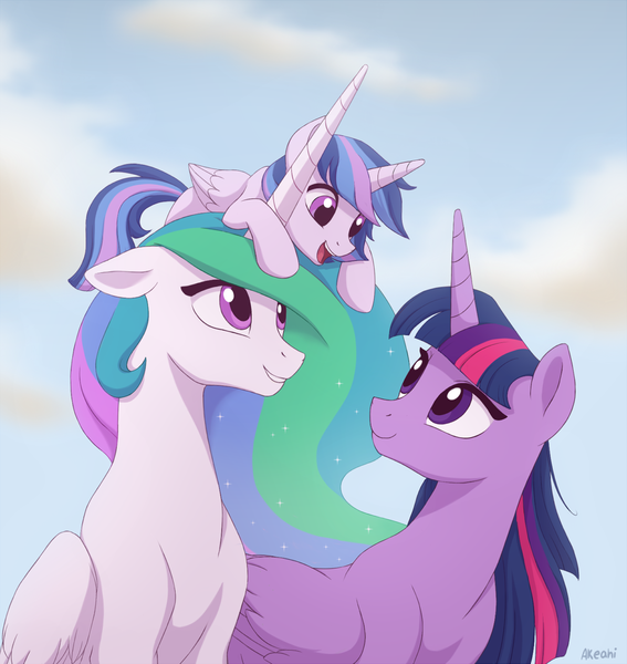 Size: 1200x1269 | Tagged: safe, artist:akeahi, derpibooru import, princess celestia, twilight sparkle, twilight sparkle (alicorn), oc, oc:ilumina, alicorn, pony, alicorn oc, cute, cutelestia, family, female, lesbian, magical lesbian spawn, next generation, offspring, parent:princess celestia, parent:twilight sparkle, parents:twilestia, pony hat, shipping, twiabetes, twilestia