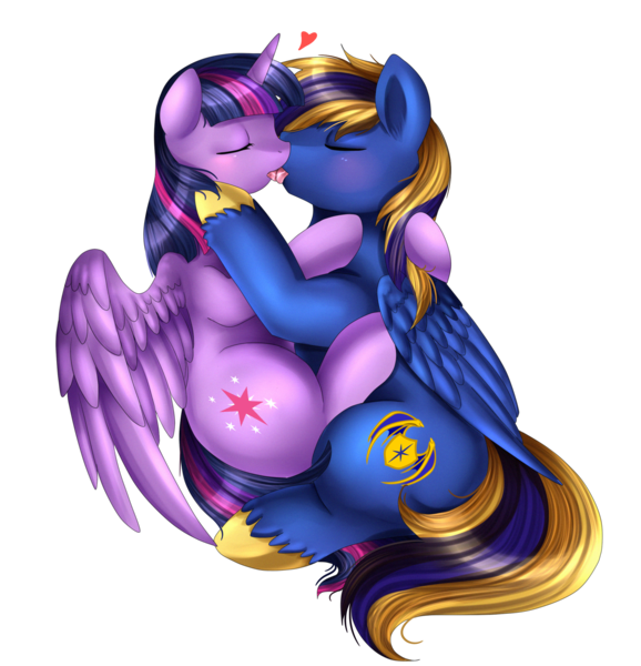 Size: 2260x2347 | Tagged: suggestive, artist:pridark, derpibooru import, twilight sparkle, twilight sparkle (alicorn), oc, oc:zephyr, alicorn, pony, canon x oc, commission, female, kissing, male, shipping, simple background, straight, transparent background, twiphyr