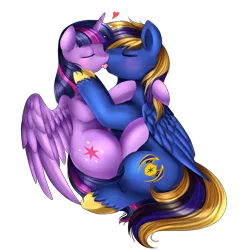 Size: 2260x2347 | Tagged: suggestive, artist:pridark, derpibooru import, twilight sparkle, twilight sparkle (alicorn), oc, oc:zephyr, alicorn, pony, canon x oc, commission, female, kissing, male, shipping, simple background, straight, transparent background, twiphyr