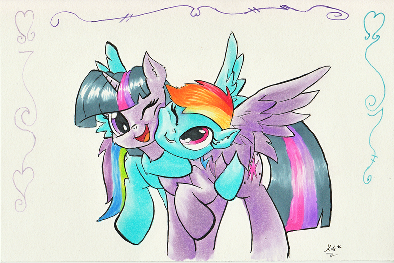 Size: 1024x683 | Tagged: safe, artist:kittyhawk-contrail, derpibooru import, rainbow dash, twilight sparkle, twilight sparkle (alicorn), alicorn, pegasus, pony, :i, cheek fluff, cheek squish, chest fluff, cute, dashabetes, ear fluff, eye contact, female, fluffy, flying, happy, hug, leg fluff, lesbian, looking at each other, mare, neck fluff, open mouth, raised hoof, shipping, simple background, smiling, spread wings, squishy cheeks, twiabetes, twidash, white background, wings