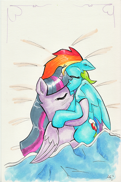 Size: 1024x1536 | Tagged: safe, artist:kittyhawk-contrail, derpibooru import, rainbow dash, twilight sparkle, twilight sparkle (alicorn), alicorn, pony, cuddling, female, lesbian, shipping, snuggling, twidash