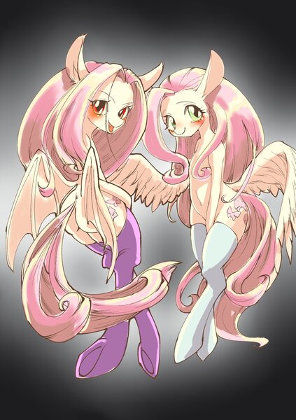 Size: 1223x1736 | Tagged: safe, artist:unousaya, derpibooru import, fluttershy, bat pony, pony, semi-anthro, belly button, bipedal, blushing, butt wings, clothes, duality, flutterbat, race swap, socks, thigh highs