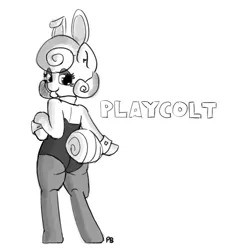 Size: 1280x1343 | Tagged: suggestive, artist:pabbley, derpibooru import, posey shy, pony, 30 minute art challenge, bipedal, bunny ears, bunny girl, bunny suit, clothes, milf, monochrome, playboy bunny, playcolt, solo, tongue out, wingless