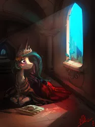 Size: 3799x5067 | Tagged: safe, artist:alumx, derpibooru import, princess celestia, alicorn, pony, absurd resolution, blanket, blushing, bread, castle, city, clothes, coffee, cup, cute, cutelestia, dress, female, floral head wreath, flower, flower in hair, food, hat, looking up, mare, morning ponies, plate, prone, signature, smiling, solo, sunlight, sunrise, toast, window