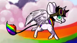 Size: 1280x720 | Tagged: safe, artist:sunnyponycitrusbutt, derpibooru import, oc, oc:lightning bliss, unofficial characters only, alicorn, pony, alicorn oc, brony, goggles, rainbow alicorn, solo