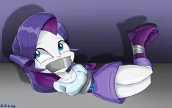 Size: 1032x653 | Tagged: semi-grimdark, suggestive, artist:gaggeddude32, derpibooru import, rarity, equestria girls, bondage, boots, breasts, busty rarity, clothes, commission, duct tape, female, gag, jackpot, kidnapped, skirt, solo, solo female, tape gag, thighs, wrapped up