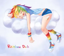 Size: 1280x1109 | Tagged: artist:amy30535, clothes, cloud, converse, derpibooru import, human, humanized, human on cloud, midriff, on a cloud, open mouth, rainbow dash, rainbow socks, safe, shoes, shorts, sleeping, sleeping on cloud, sneakers, socks, solo, striped socks, winged humanization, wristband