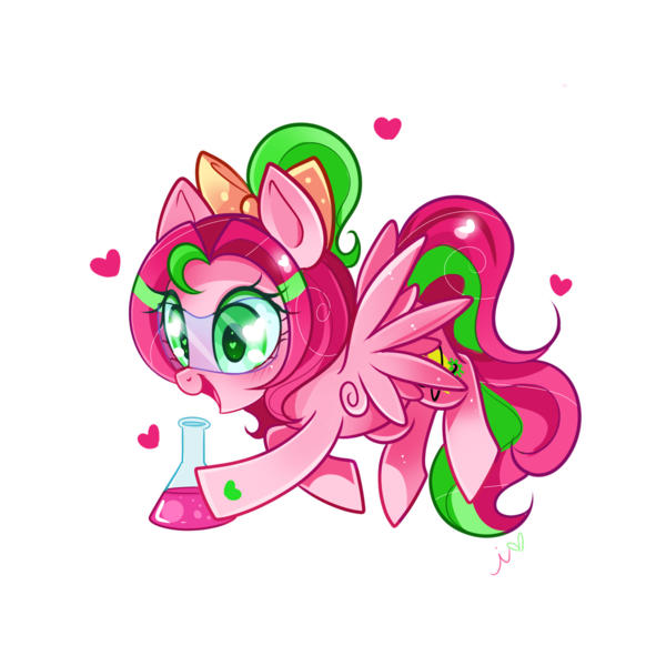 Size: 1200x1200 | Tagged: safe, artist:ipun, derpibooru import, oc, oc:precious metal, unofficial characters only, pegasus, pony, blushing, bow, female, flask, goggles, hair bow, heart, heart eyes, mare, simple background, solo, transparent background, wingding eyes