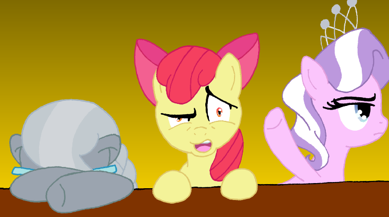 Size: 758x422 | Tagged: apple bloom, artist:sephiroth7734, cropped, derpibooru import, diamond tiara, reaction image, safe, silver spoon