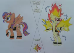 Size: 2056x1486 | Tagged: safe, artist:cnsfan2, derpibooru import, sunset shimmer, twilight sparkle, pony, rapidash, equestria girls, angry, cutie mark fusion, daydream shimmer, dragon ball z, fusion, fusion dance, ki blast, lightning, mane of fire, mane on fire, pokémon, rapidash twilight, traditional art, updated