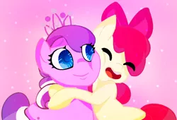 Size: 1074x732 | Tagged: safe, artist:kissykiss1987, derpibooru import, apple bloom, diamond tiara, adorabloom, cute, diamondbetes, diamondbloom, female, hug, lesbian, open mouth, shipping, tiaralove