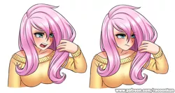 Size: 938x500 | Tagged: artist:racoonsan, breasts, busty fluttershy, clothes, cute, cyan eyes, derpibooru import, digital art, female, flutter brutter, fluttershy, human, human female, humanized, light skin, long hair, messy mane, open mouth, pink hair, safe, scene interpretation, shyabetes, simple background, solo, sweater, sweatershy, white background