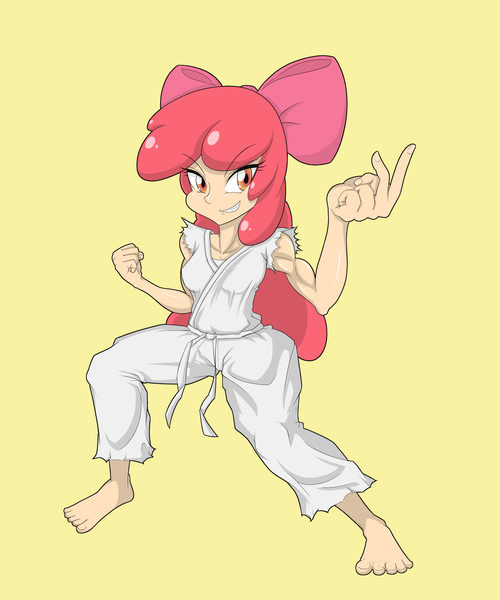 Size: 4000x4800 | Tagged: adorabloom, apple bloom, apple brawn, artist:janji009, barefoot, clothes, cute, derpibooru import, feet, gi, human, humanized, karate, karatebloom, light skin, martial arts, muscles, ripped sleeves, robe, safe, solo, trousers, white belt