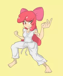 Size: 4000x4800 | Tagged: adorabloom, apple bloom, apple brawn, artist:janji009, barefoot, clothes, cute, derpibooru import, feet, gi, human, humanized, karate, karatebloom, light skin, martial arts, muscles, ripped sleeves, robe, safe, solo, trousers, white belt