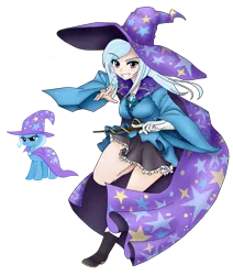 Size: 1024x1205 | Tagged: artist:magico-enma, cape, clothes, derpibooru import, eyeshadow, female, hat, human, humanized, human ponidox, light skin, looking at you, makeup, safe, simple background, skirt, smiling, solo, transparent background, trixie, trixie's cape, trixie's hat, wand