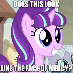 Size: 500x500 | Tagged: safe, derpibooru import, edit, edited screencap, screencap, dusk drift, starlight glimmer, pegasus, pony, unicorn, the cutie map, cute, equalized, equalized mane, face of mercy, female, glimmerbetes, image macro, mare, meme, s5 starlight, smiling, solo focus, when she smiles