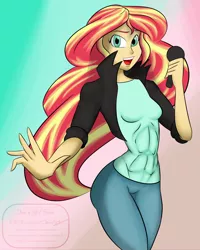 Size: 2400x3000 | Tagged: safe, artist:7los7, derpibooru import, sunset shimmer, equestria girls, abs, microphone, solo, tight clothing, vacuum sealed clothing