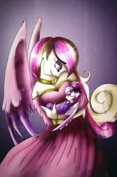 Size: 800x1212 | Tagged: artist:mayamermaid, cleavage, clothes, derpibooru import, dress, female, human, humanized, mama cadence, mother and daughter, princess cadance, princess flurry heart, safe, winged humanization