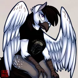 Size: 2000x2000 | Tagged: anthro, artist:rattlesire, black sabbath, classical hippogriff, clothes, derpibooru import, hippogriff, oc, oc:glace plume, plump, safe, solo, t-shirt, unofficial characters only