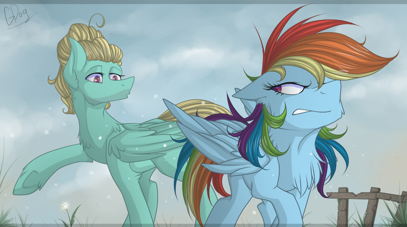 Size: 1000x557 | Tagged: annoyed, artist:mrgdog, derpibooru import, female, flutter brutter, male, rainbow dash, safe, shipping, straight, zephdash, zephyr breeze