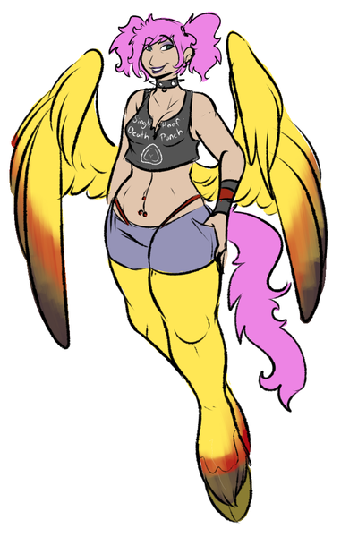 Size: 800x1200 | Tagged: artist:sterks, choker, clothes, derpibooru import, oc, oc:thorn, offspring, one finger death punch, panties, parent:fluttershy, piercing, pigtails, safe, satyr, solo, spiked choker, thong, underwear, unofficial characters only