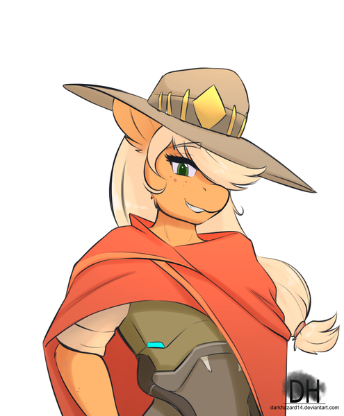 Size: 981x1189 | Tagged: anthro, applejack, artist:sugarlesspaints, clothes, costume, cropped, crossover, derpibooru import, edit, female, hair over one eye, hat, jesse mccree, looking at you, mccreejack, overwatch, poncho, questionable source, safe, simple background, solo, white background