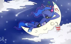 Size: 1748x1092 | Tagged: artist:whitelie, cloud, comet, crescent moon, derpibooru import, ethereal mane, headphones, moon, mp3 player, music notes, on back, princess luna, safe, soda, solo, starry mane, stars, tangible heavenly object, transparent moon