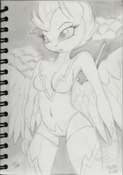 Size: 1760x2495 | Tagged: anthro, artist:divlight, breasts, busty lightning dust, cleavage, derpibooru import, female, grayscale, lightning dust, monochrome, sketchy, solo, solo female, spread wings, suggestive, traditional art, wonderbolt trainee uniform