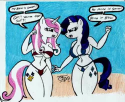 Size: 400x326 | Tagged: anthro, argument, artist:toddrogue69, belly button, bikini, breasts, busty fleur-de-lis, busty rarity, cleavage, clothes, derpibooru import, female, fleur-de-lis, insult, rarity, suggestive, swearing, swimsuit, vulgar