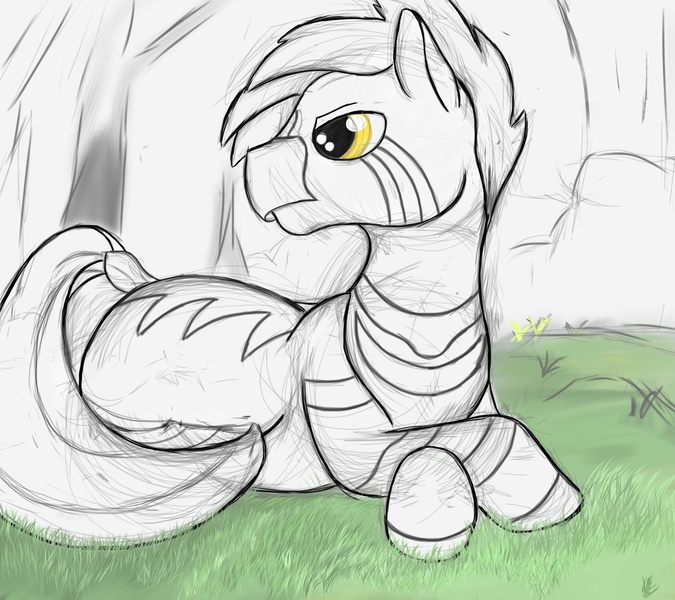 Size: 1800x1600 | Tagged: 2014, artist:curious, derpibooru import, forest, grass, ipad, oc, oc:curious, prone, safe, simple background, sitting, sketch, solo, unofficial characters only, zebra