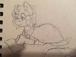 Size: 1200x900 | Tagged: artist:mai-corgi, book, curved horn, derpibooru import, glasses, monochrome, oc, offspring, parent:king sombra, parents:trixbra, parent:trixie, safe, solo, traditional art, unofficial characters only