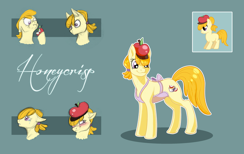 Size: 3537x2235 | Tagged: safe, artist:vindhov, derpibooru import, oc, oc:honeycrisp, unofficial characters only, earth pony, pony, apple, apron, blushing, clothes, female, food, hat, mare, offspring, parent:big macintosh, parent:cheerilee, parents:cheerimac, simple background, solo, teal background