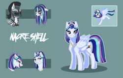 Size: 3537x2235 | Tagged: safe, artist:vindhov, derpibooru import, oc, oc:nacre shell, unofficial characters only, pegasus, pony, armor, female, helmet, mare, necklace, offspring, parent:princess cadance, parent:shining armor, parents:shiningcadance, pearl, pearl necklace, simple background, solo, teal background