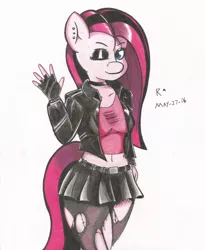 Size: 1579x1924 | Tagged: anthro, artist:lmlstaticdash, belly button, belt, clothes, collar, derpibooru import, eyeshadow, gloves, goth, jacket, leather, leather jacket, looking at you, makeup, midriff, miniskirt, pantyhose, piercing, pinkamena diane pie, pinkie pie, pleated skirt, punkamena, punkie pie, safe, shirt, skirt, solo, traditional art, wink