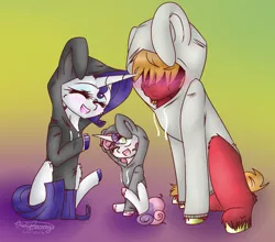 Size: 871x766 | Tagged: safe, artist:fluffyrainbowkitty, derpibooru import, big macintosh, rarity, sweetie belle, earth pony, pony, bunny belle, bunny costume, bunny hood, clothes, hoodie, male, rarimac, redraw, shipping, stallion, straight