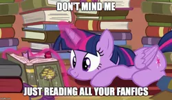 Size: 864x500 | Tagged: safe, derpibooru import, edit, edited screencap, screencap, twilight sparkle, twilight sparkle (alicorn), alicorn, pony, fanfic, pinkie apple pie, image macro, meme, solo, twilight loves fanfiction