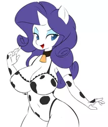 Size: 748x875 | Tagged: anthro, artist:hidden-cat, bedroom eyes, big breasts, breasts, busty rarity, cleavage, clothes, cowbell, cowprint, cow suit, derpibooru import, evening gloves, eyeshadow, female, fingerless elbow gloves, fingerless gloves, gloves, leotard, lingerie, long gloves, makeup, open mouth, raricow, rarity, solo, solo female, suggestive