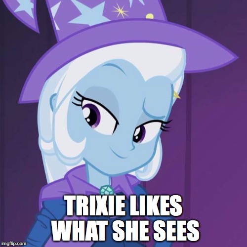 Size: 500x500 | Tagged: safe, derpibooru import, edit, edited screencap, screencap, trixie, equestria girls, rainbow rocks, image macro, meme, reaction image, smug, solo, trixie yells at everything