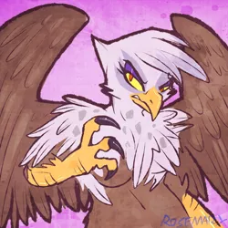 Size: 800x800 | Tagged: safe, artist:rosemary-the-skunk, derpibooru import, gilda, anthro, gryphon, belly button, breasts, claws, female, frown, glare, gritted teeth, looking at you, scowl, simple background, solo, spread wings, talons