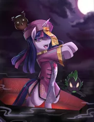 Size: 600x780 | Tagged: safe, artist:tzc, derpibooru import, owlowiscious, spike, twilight sparkle, dragon, owl, pony, unicorn, vampire, zombie, clothes, coffin, fangs, female, full moon, jiangshi, looking at you, male, mare, moon, open mouth