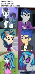 Size: 481x1026 | Tagged: safe, derpibooru import, screencap, coloratura, flash sentry, indigo zap, shining armor, sonata dusk, vinyl scratch, pony, equestria girls, friendship games, rainbow rocks, the mane attraction, blue hair, blue mane, color, comparison, cute, hair, mane, rara, rarabetes, smiling