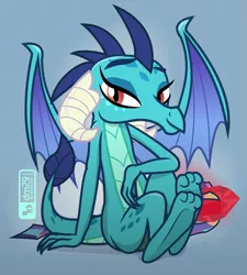 Size: 1035x1150 | Tagged: artist:dm29, bloodstone scepter, blue background, casual, cute, derpibooru import, dragon, dragon lord ember, emberbetes, feet, female, paws, princess ember, safe, simple background, sitting, smiling, solo
