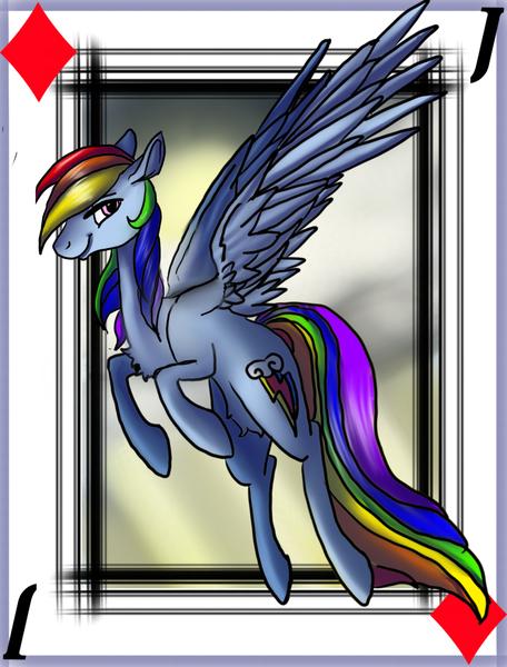 Size: 1556x2048 | Tagged: safe, artist:brainiac, derpibooru import, rainbow dash, card, full body, jack of diamonds, playing card, redo, solo