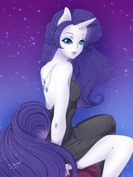 Size: 600x800 | Tagged: artist:yutaila, beautiful, clothes, cutie mark, derpibooru import, dress, eared humanization, horned humanization, human, humanized, little black dress, necklace, night, pony coloring, rarity, safe, sitting, solo, sparkle, tailed humanization