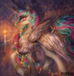Size: 1644x1700 | Tagged: safe, artist:girlsay, derpibooru import, princess celestia, alicorn, pony, alternate hairstyle, beautiful, bedroom eyes, blushing, bracelet, candle, clothes, dress, jewelry, looking at you, looking back, patreon, patreon logo, plot, pretty, raised hoof, smiling, solo, sunbutt, tail wrap, underhoof