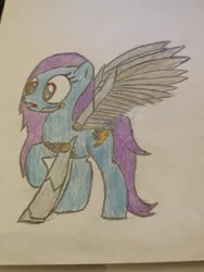 Size: 2448x3264 | Tagged: safe, artist:janive4, derpibooru import, oc, oc:mecha, unofficial characters only, cyborg, pegasus, pony, amputee, augmented, blue coat, female, prosthetic limb, prosthetic wing, prosthetics, purple mane, solo, surprised