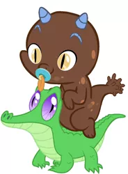Size: 786x1067 | Tagged: artist:red4567, baby dragon, clump, cute, derpibooru import, dragon, dragons riding gators, gronkle, gummy, pacifier, riding, safe